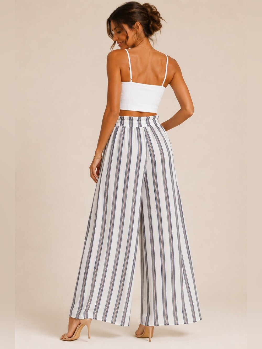 Simplee White Stripe Wide Leg Palazzo Pants Tie Waist Resort Beach Pants Size S - Picture 4 of 13
